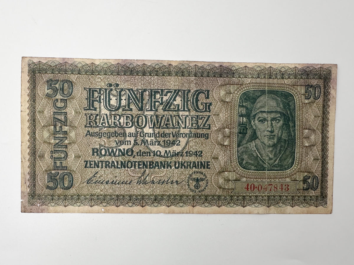1942 WWII German Issue Ukraine 50 Karbowanez Banknote | Vintage Rowno Central Bank Note | Historic Currency