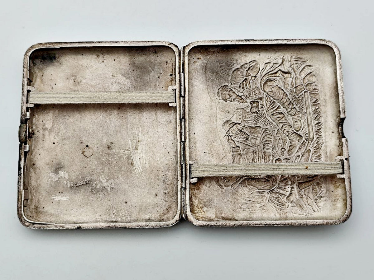 Vintage Hunters at Rest Perov Cigarette Case | Painting Relief Engraved Pocket Box Soviet Tobacciana USSR