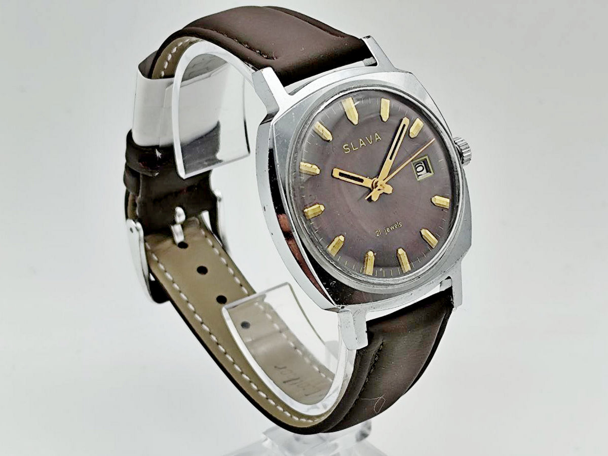 Vintage SLAVA 2414 SU Soviet Mechanical Watch | 21 Jewels USSR Calendar 2ChZ Brown Leather Band Men's Wristwatch