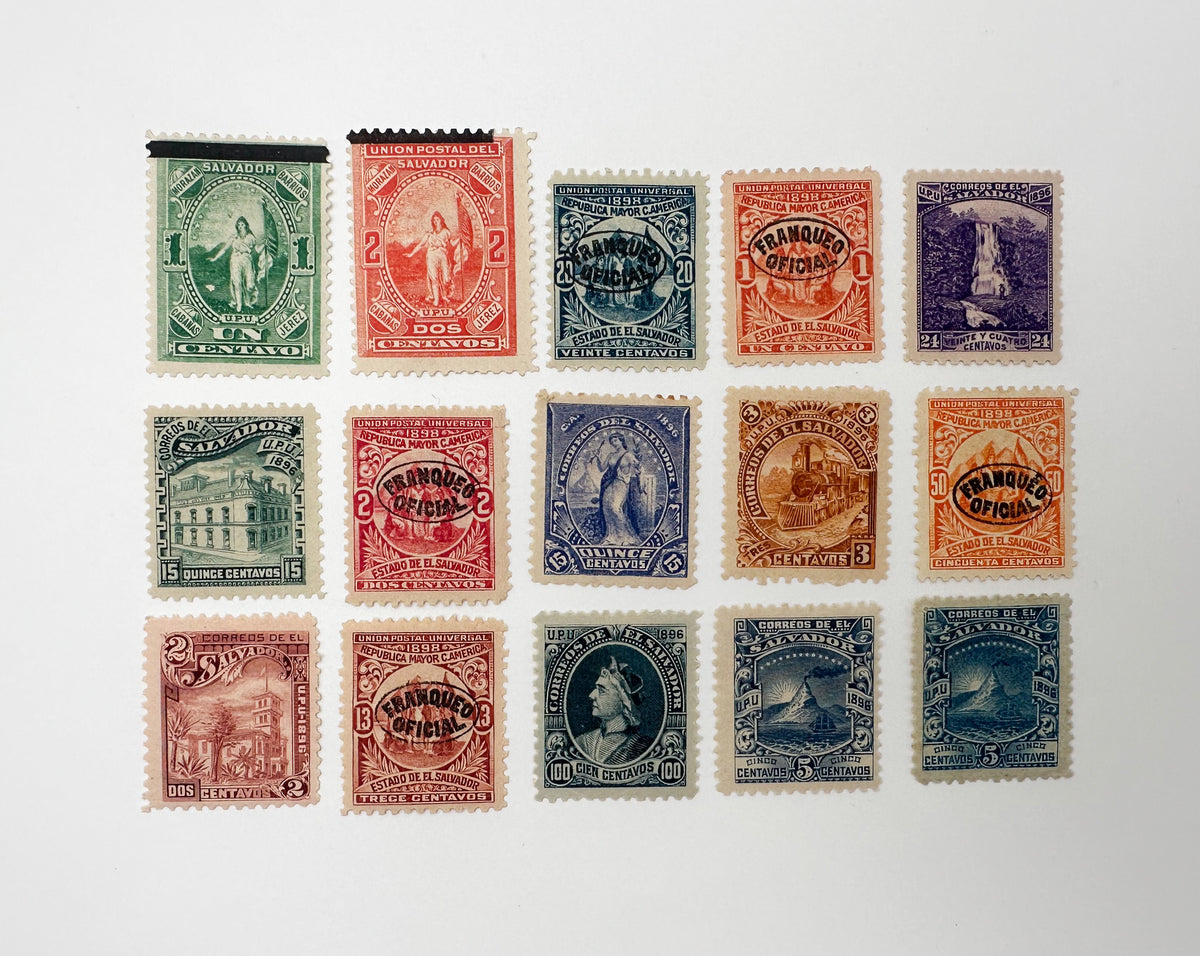 1890–1899 El Salvador Postage Stamps Collection | Vintage Antique Central America Official Overprints Set of 30 MH