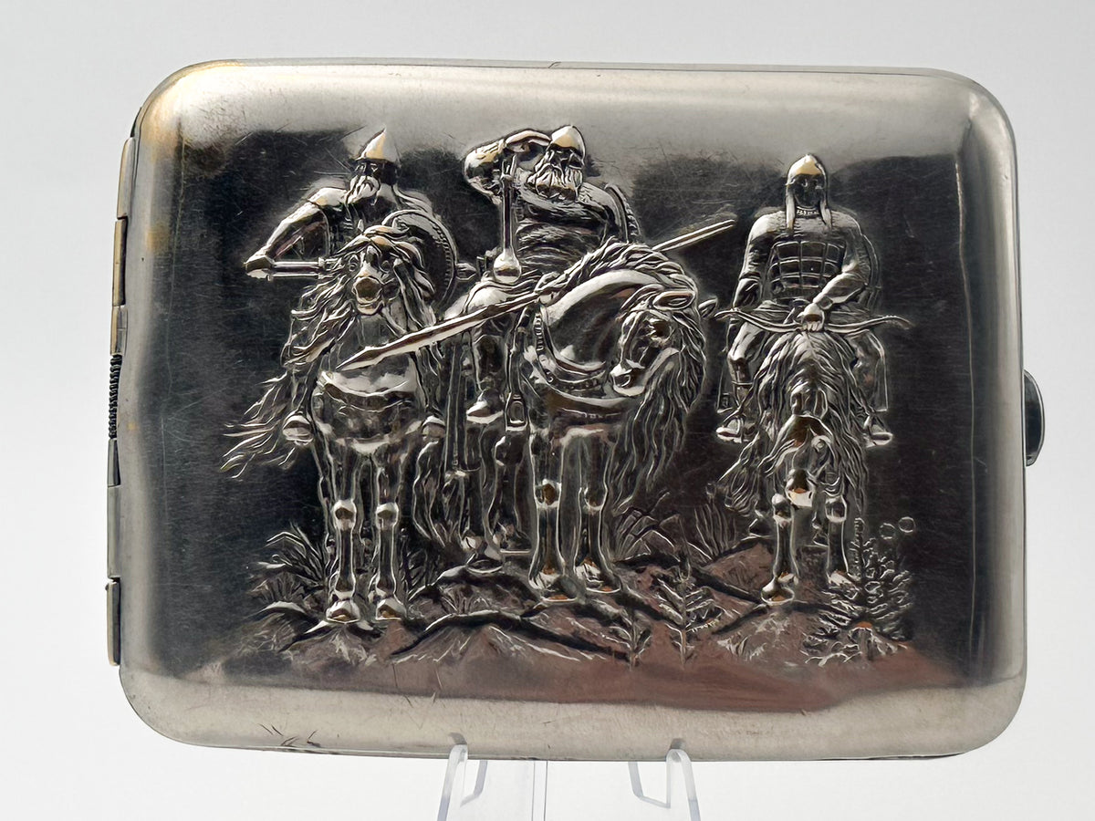 Vintage "Three Bogatyrs" Soviet Cigarette Case | Rare Mosshtamp Factory USSR Embossed Knights Metal Tobacciana