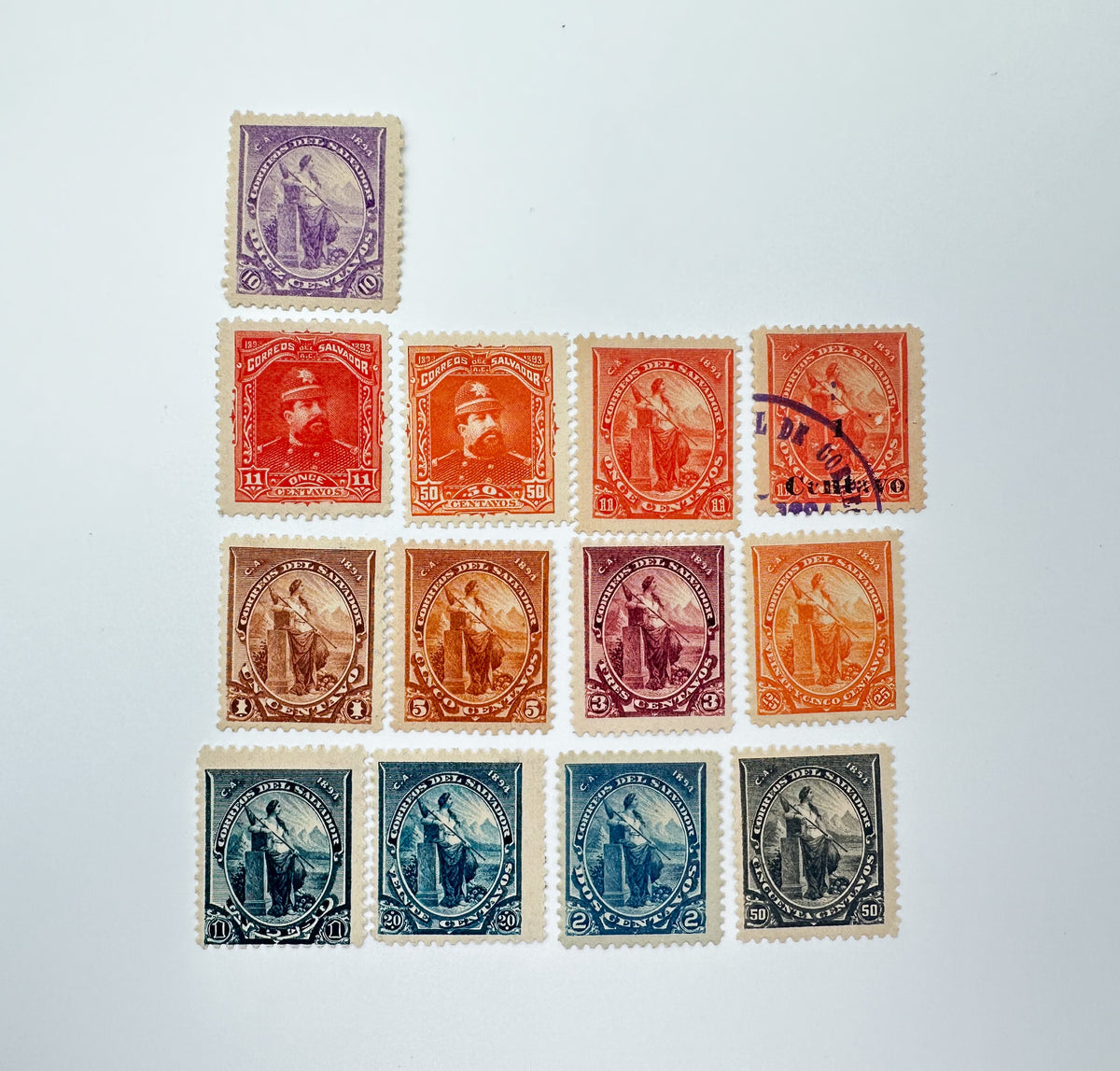 1890–1895 El Salvador Postage Stamps Collection | Vintage Antique Central America President & Justice Allegory Set of 25 MH Cancelled