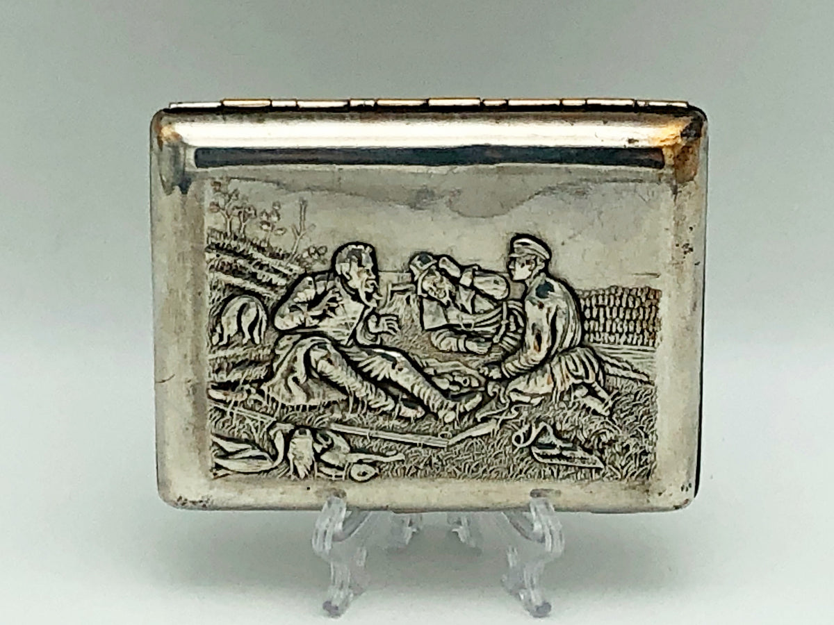 Vintage "Hunters at Rest" Soviet Cigarette Case | Rare Perov Painting USSR Embossed Metal Tobacciana Hunting Souvenir