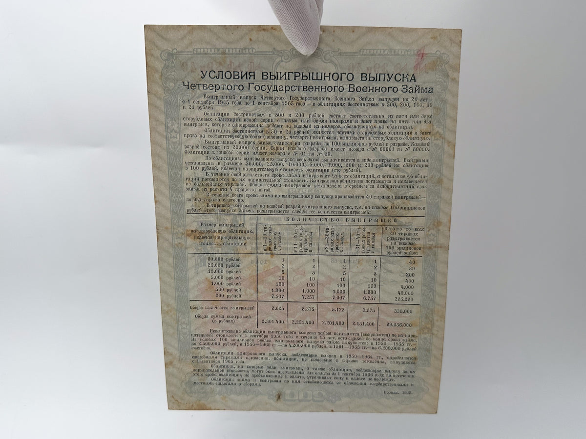 1945 USSR WWII Fourth State War Loan Bond Set | Vintage Soviet 100 & 200 Rubles Military Bonds | 2 Pcs