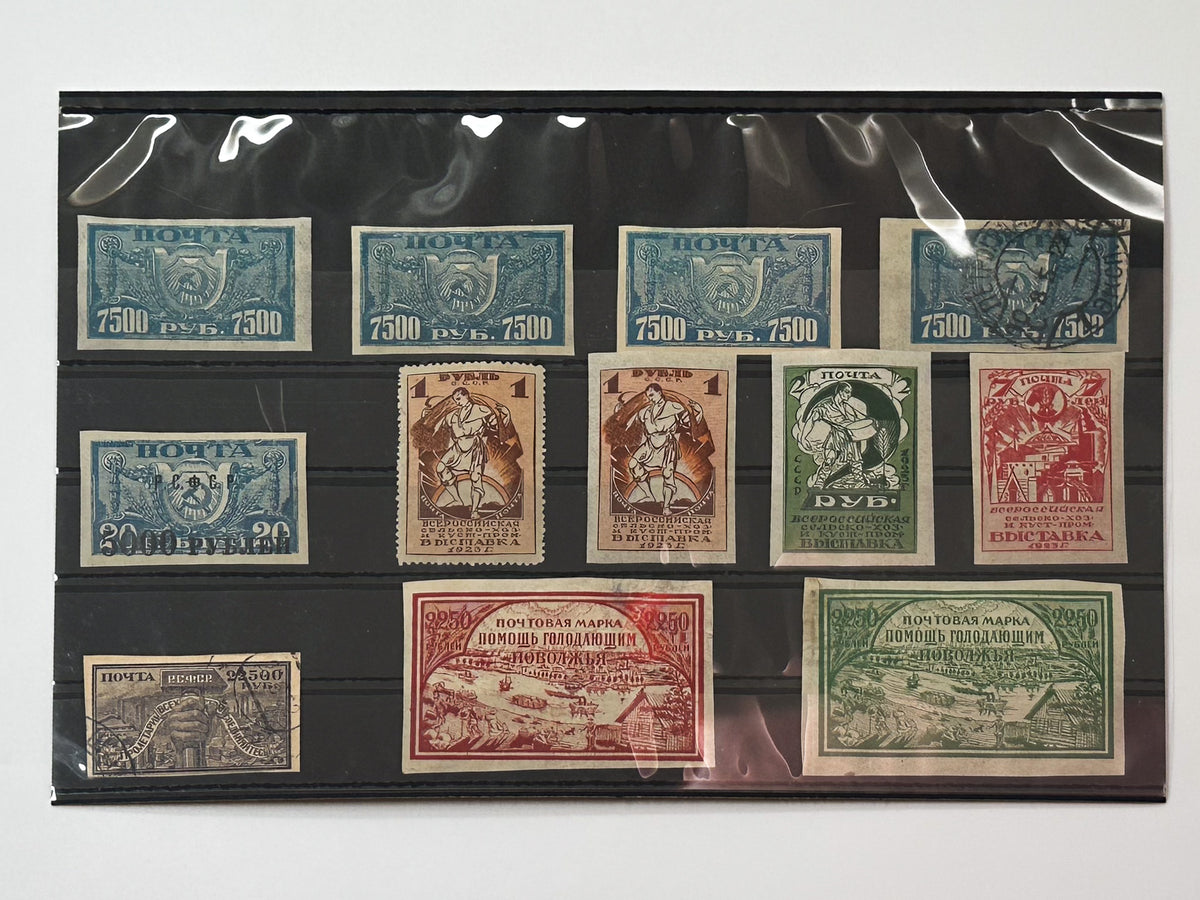 1921–1923 RSFSR & USSR Postage Stamps Collection | Vintage Early Soviet All-Russian Agricultural Exhibition & Famine Relief Set of 12 MH Cancelled