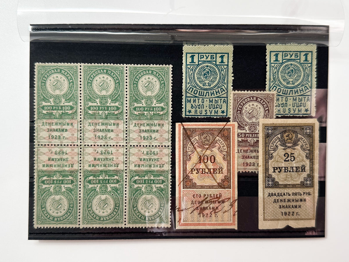 1922–1923 Soviet Russia & Georgia Revenue Stamps | Vintage RSFSR Inflation Overprint Tete-Beche Block Set of 11 MH Cancelled