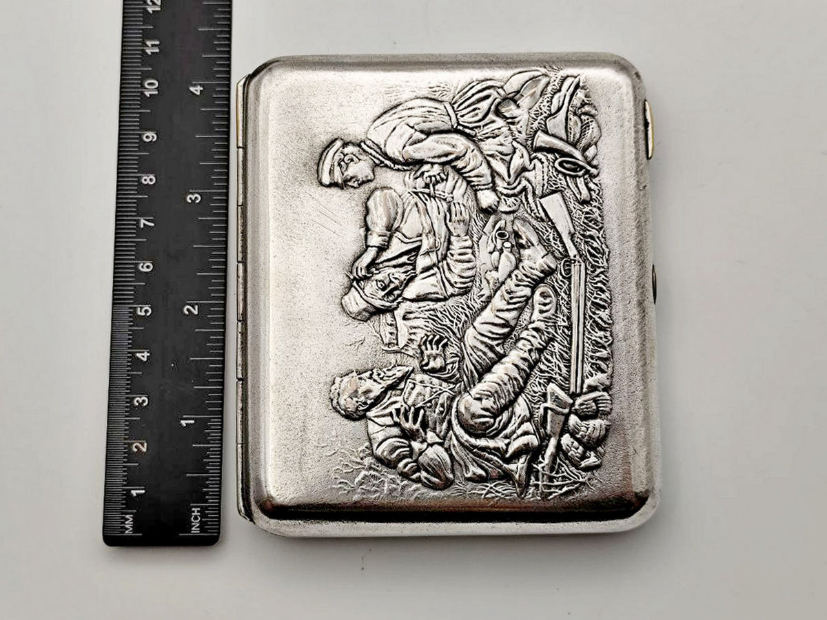 Vintage Hunters at Rest Perov Cigarette Case | Painting Relief Engraved Pocket Box Soviet Tobacciana USSR