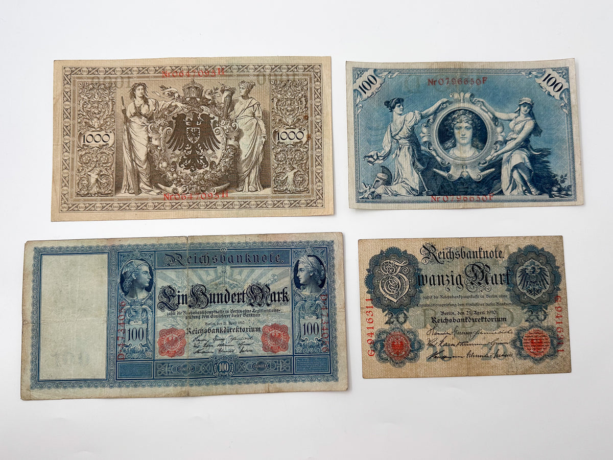 Imperial German Reichsbanknote Collection | Vintage Pre-WWI & WWI Banknotes Set of 4 (20, 100, 1000 Mark)