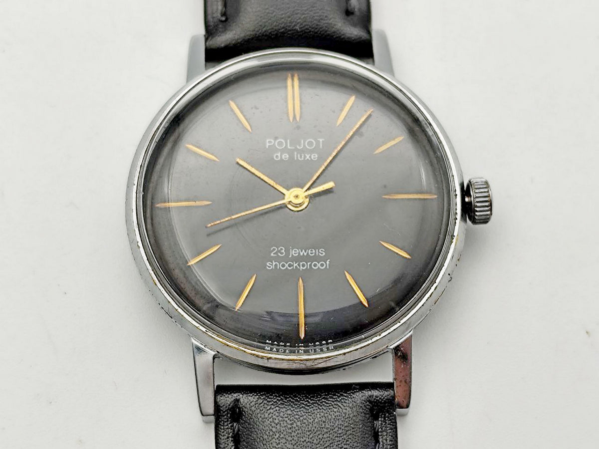 Vintage POLJOT De Luxe 2209 Ultra Slim Soviet Mechanical Watch | Rare Black Dial 23 Jewels USSR Shockproof Men's Dress Watch