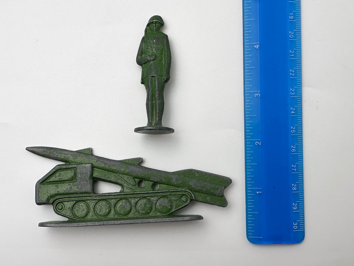 Vintage Soviet Metal Toy Soldiers and Missile Launchers Lot | USSR Cast Figures Green Army Set of 14