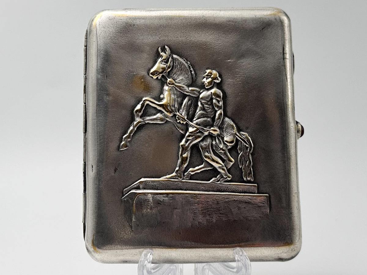 Vintage Klodt Horse Tamer Cigarette Case | NPZ Plant Garnet Button Engraved Pocket Box Soviet Tobacciana USSR