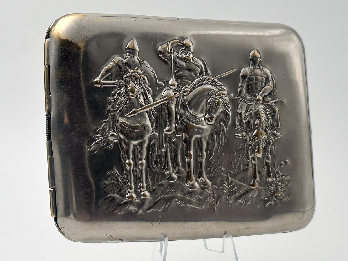 Vintage "Three Bogatyrs" Soviet Cigarette Case | Rare Mosshtamp Factory USSR Embossed Knights Metal Tobacciana