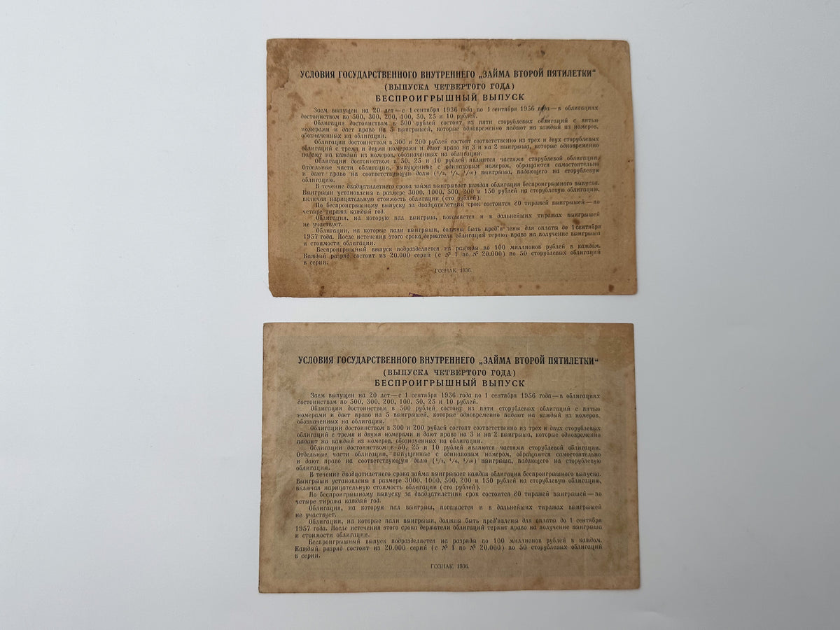 1936 USSR Second Five-Year Plan State Loan Bonds Set | Vintage Soviet 10 & 25 Rubles | 2 Pcs